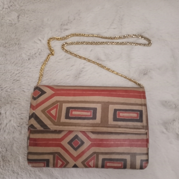 Vintage 50's Morris Moskowitz Leather Geometric Print Earth Tone Chain Strap Bag - Picture 1 of 8